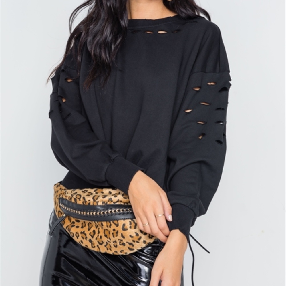Ripped Up Distressed Crew Neck Sweater (Black)
